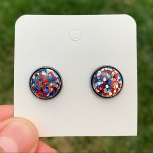 CLIP ON Homemade Red Blue Print Stud Earrings